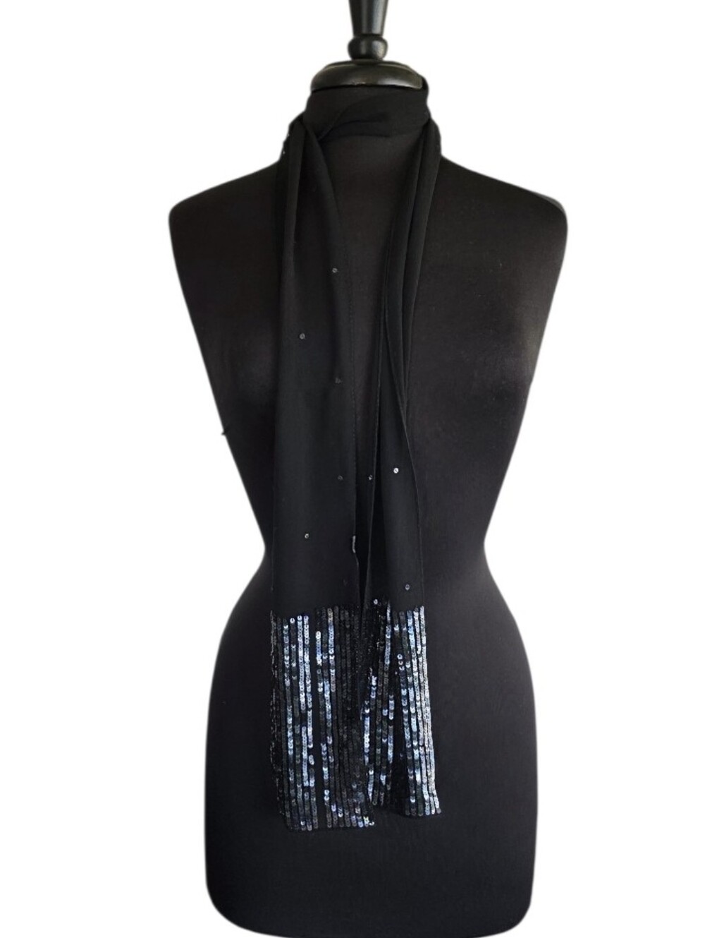Vintage Y2K Hipster Long Skinny Scarf Black Sequin Sheer Scarf Emo Goth